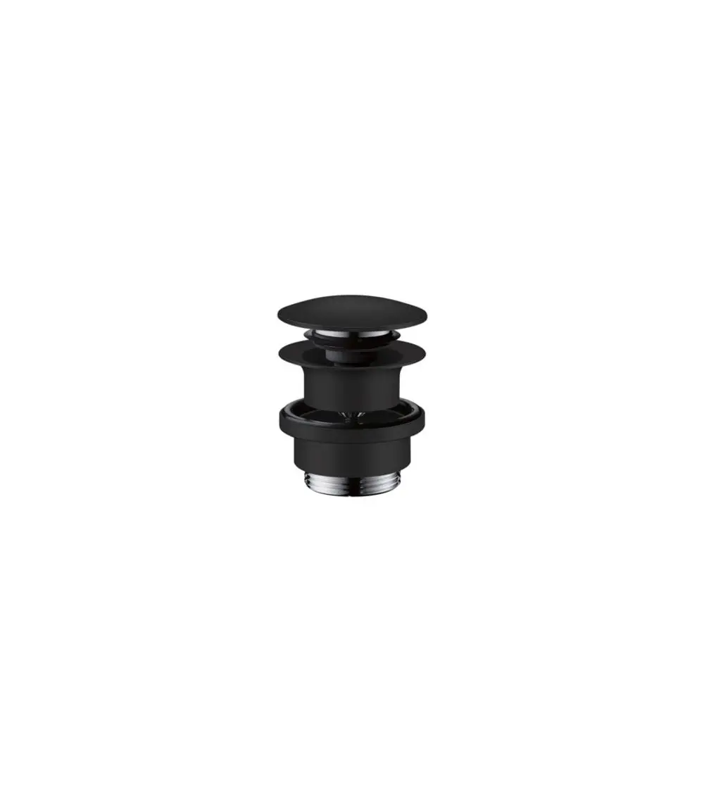 Schwarze Ablaufgarnitur von Hansgrohe mit Push-Open-Funktion, bestehend aus mehreren Komponenten zur Installation in Waschtisch oder Bidet.